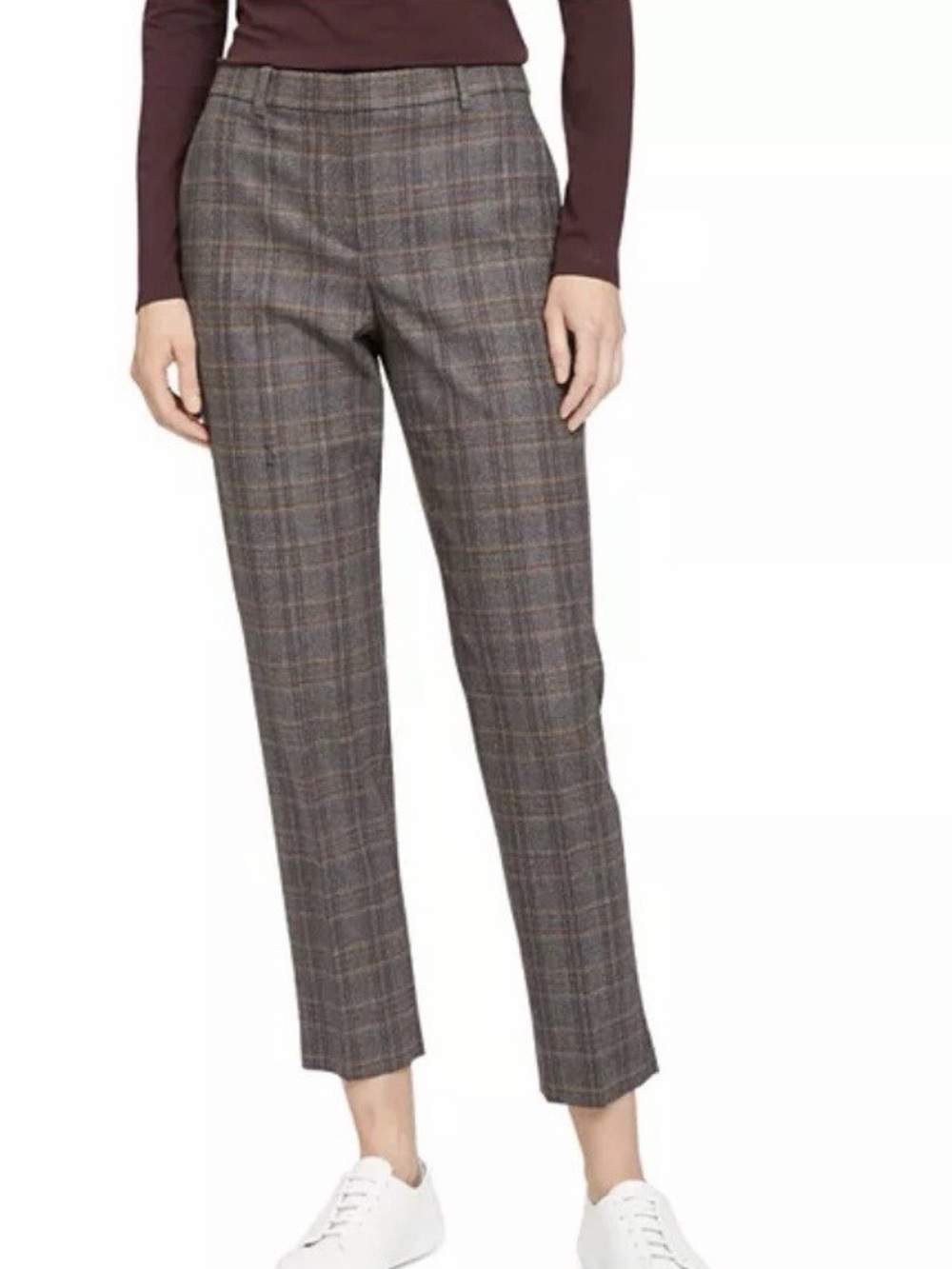 Theory Wool Plaid Cropped Trousers Brown Grey Size 6 Virgin Wool